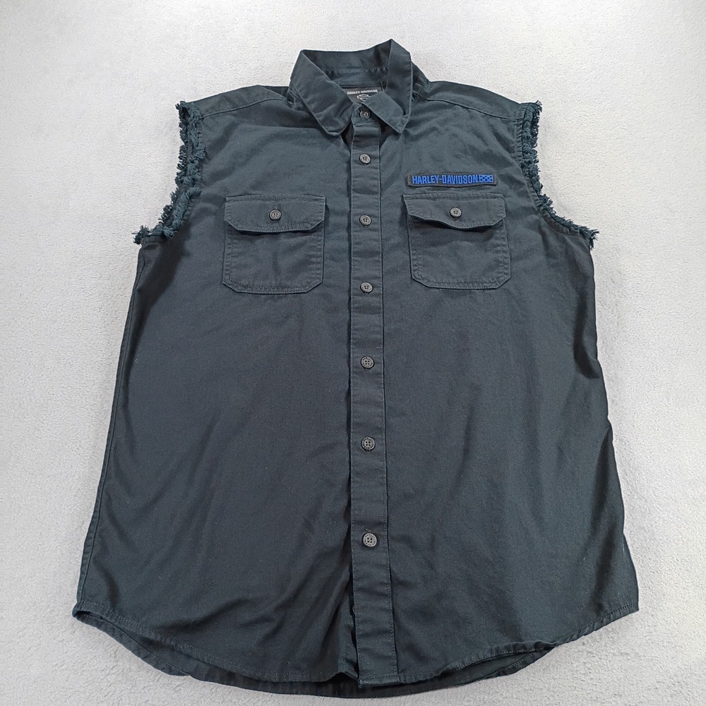Harley-Davidson Mens Sleeveless Button Up Black Medium Frayed Armholes